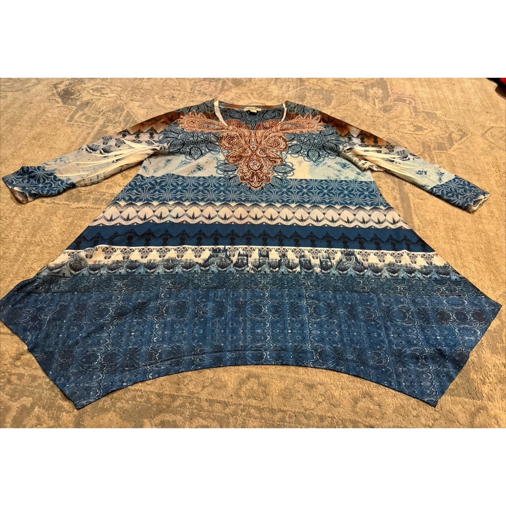One World WOMENS Blue Beige Printed Embellished 3/4 Sleeve Top Plus Size 2XL XXL